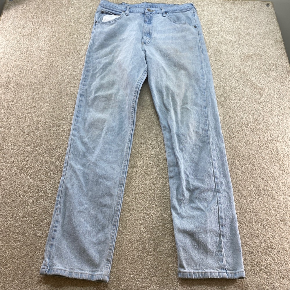Wrangler Straight Leg Jeans Mens 34x34 Light Blue Excellent Stretch Denim
